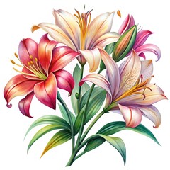 Beautiful and Vibrant Watercolor Painting of a Lily Flower Bouquet on White