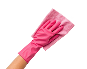 Hand in pink glove wiping with pink cloth isolated on transparent background