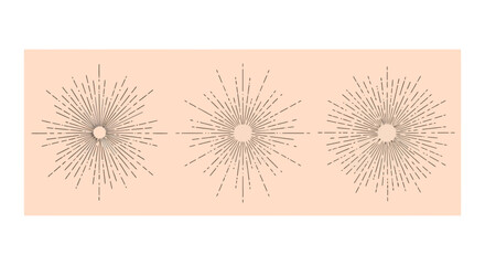 Three abstract sunburst patterns with radiating lines on a peach background.