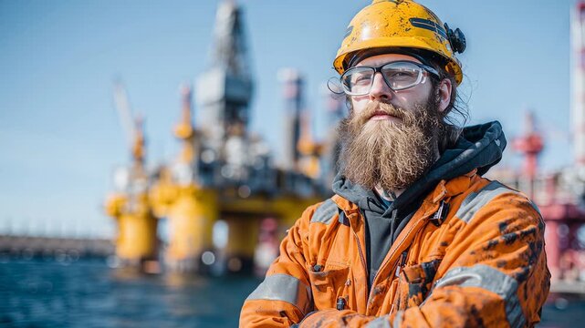 A skilled oil rig worker poses confidently at his station. The North Sea glimmers in the background, revealing the vibrant structures of the rig under a clear sky.