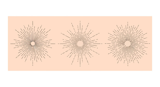 Three abstract sunburst patterns with radiating lines on a peach background.