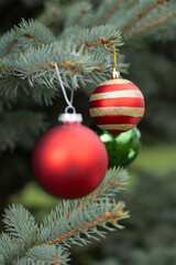 Close up of Christmas tree decorations. High quality photo