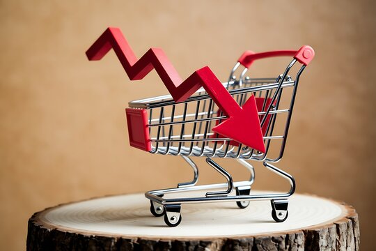 Shopping trolley with red chart falling down on wooden table white wall background copy space. Economic recession crisis, core retail sales decrease, inflation or goods price up concept.