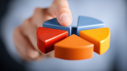 digital marketing content personalization. Hand holding colorful pie chart segments for business analysis.