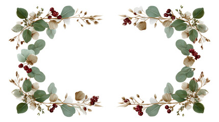 Elegant floral frame with natural vine and berry decoration. This border with green leaf and red berry at corner perfect for festive invitation design