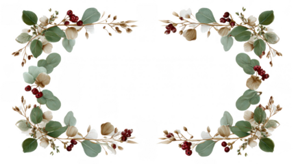 Elegant floral frame with natural vine and berry decoration. This border with green leaf and red berry at corner perfect for festive invitation design