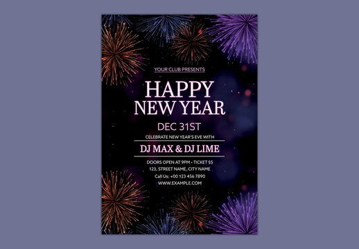Happy New Year Party Invitation Flyer with Editable Event Details and Fireworks Background.