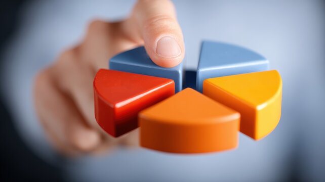 digital marketing content personalization. Hand holding colorful pie chart segments for business analysis.