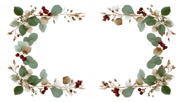 Elegant floral frame with natural vine and berry decoration. This border with green leaf and red berry at corner perfect for festive invitation design - Powered by Adobe