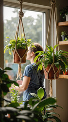 Serene indoor scene featuring woman gazing out window, surrounded by lush green plants hanging pots. atmosphere is calm and refreshing
