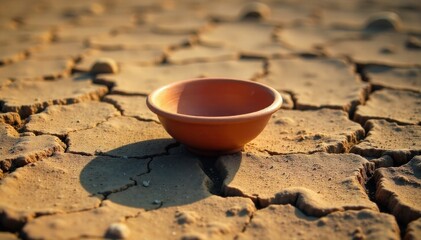 The gnawing emptiness of hunger expressed through abstract natural elements and textures. A stark, close up photograph of cracked, dry earth with deep fissures. In the center, a simple, unadorned,