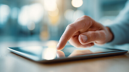 Closeup of a businesswoman’s hand using a digital tablet and laptop computer in a modern office. Represents online work, multitasking, remote business, and professional digital communication.