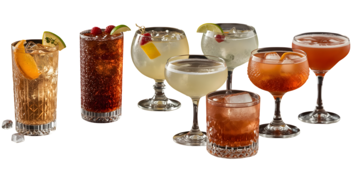 Diverse Cocktail Collection: A vibrant ensemble of expertly crafted cocktails, each brimming with unique ingredients and artistic presentation, inviting indulgence and celebration.