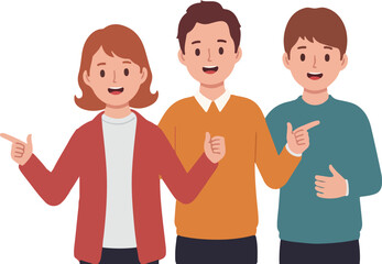 Fototapeta premium Group of Three Happy People Pointing and Showing Thumbs Up - Vector Cartoon Illustration, Teamwork, Recommendation, Customer Satisfaction, Young Professionals