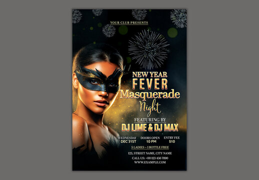 Editable New Year Fever Masquerade Night Party Flyer with Dark Theme and Modern Woman Wearing Party Mask.
