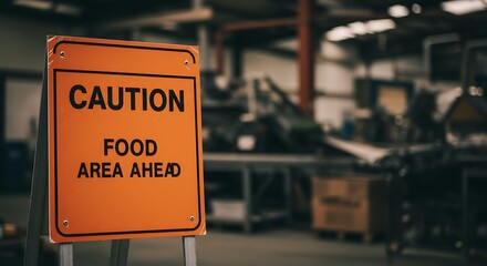 Orange caution sign warning of food area in industrial workshop setting