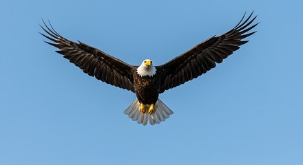 Fototapeta premium Majestic bald eagle soaring against clear blue sky with wings spread