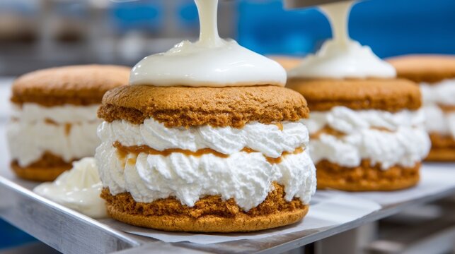 An industrial food processing machine pours cream over freshly assembled layered desserts. The scene captures the precision and efficiency of food production in a large facility