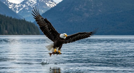 Obraz premium Majestic bald eagle soaring over water with captured fish against mountain range