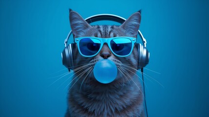 A cool cat is listening to music, chewing bubblegum and wearing sunglasses. It's a fun and lighthearted image that captures the essence of a modern feline