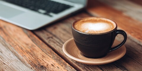 Cup of coffee with latte art on a rustic wooden table, next to a laptop and smartphone. Cozy café atmosphere ideal for remote work or a coffee break.