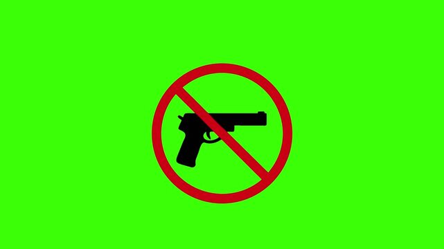  a flat-style vector icon of a black gun silhouette crossed by a red prohibition circle and slash, no background, using only black and red colors.