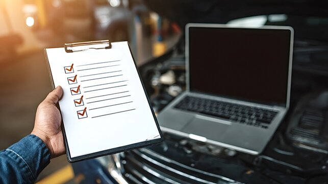 Mechanic holding a clipboard with a completed checklist, indicating a thorough car inspection and maintenance service with a laptop computer for diagnostics in a garage