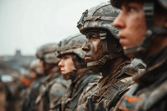 Mud covered military soldiers, wearing camouflage helmets and uniforms, standing in formation with stoic expressions and focused determination during an intensive training exercise