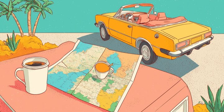 Stylized retro illustration of a road trip scene with a convertible car, an open map on the car hood, and two coffee cups. Palm trees and warm colors evoke a tropical escape. A visual metaphor