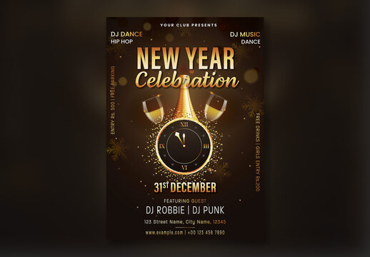 Editable New Year&rsquo;s Eve Party Flyer Template with Champagne Glasses, Bottle and Clock. 