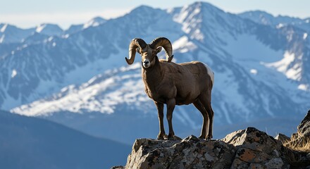 Naklejka premium Majestic bighorn sheep stands proudly on rocky outcrop with mountain backdrop