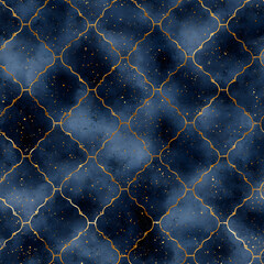 A repeating pattern of ornate, gold filigree outlines against a dark blue, watercolor-like background with gold speckled details. The design is abstract and elegant.