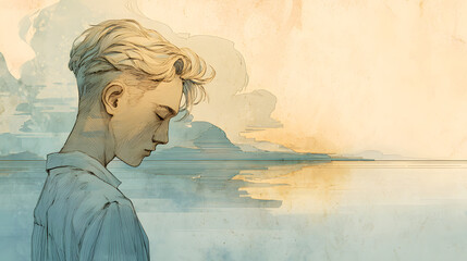 A young person with closed eyes is depicted in profile, dressed in a blue button-down shirt, with a detailed hairstyle. The image has a watercolor background.