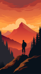 Silhouette of a hiker on a mountain peak at sunset with a vibrant orange sky
