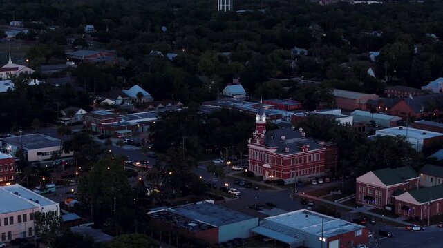 Aerial landscape of coastal downtown Brunswick city summer sunset in southeast coast of Georgia