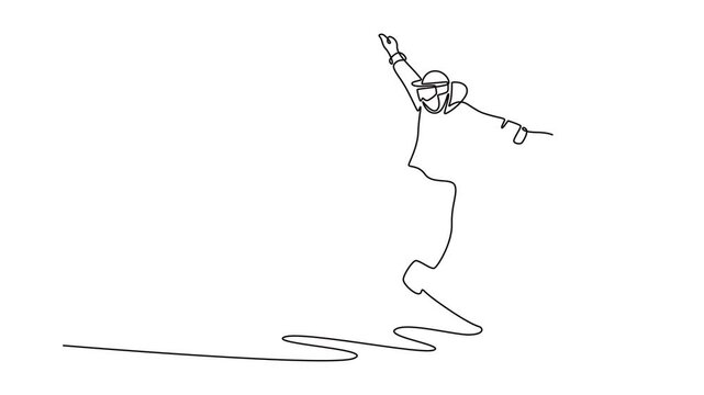 Animated self drawing of continuous line draw young snowboarder carving sharp turn or performing trick with arms extended for balance, dynamic flow of extreme sport. Full length single line animation