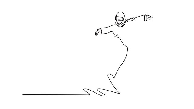 Animated self drawing of continuous line draw young snowboarder carving a sharp turn or executing a grab trick, dynamic balance and fluid motion of the winter sport. Full length single line animation