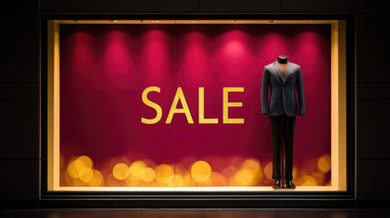 Fototapeta premium Store window display with SALE banner and mannequin in suit, featuring glittering decorations and glowing lights