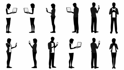 Fototapeta premium Diverse people silhouettes with phones and laptops showcasing modern digital lifestyle and connectivity