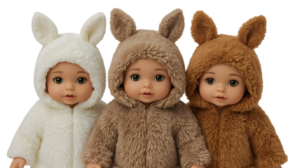 Cuteness Trio: Three adorable dolls, dressed in charming bunny-themed outfits, radiate innocence and warmth. Each doll possesses captivating features, making them irresistible.
