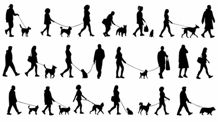 Silhouetted people walking their dogs, promoting pet adoption and active lifestyle choices outdoors