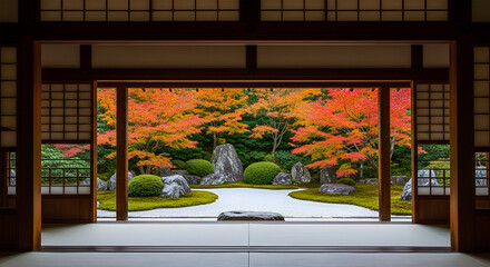 A traditional Japanese room opens to a vibrant autumn garden with red maple trees and carefully placed stones.