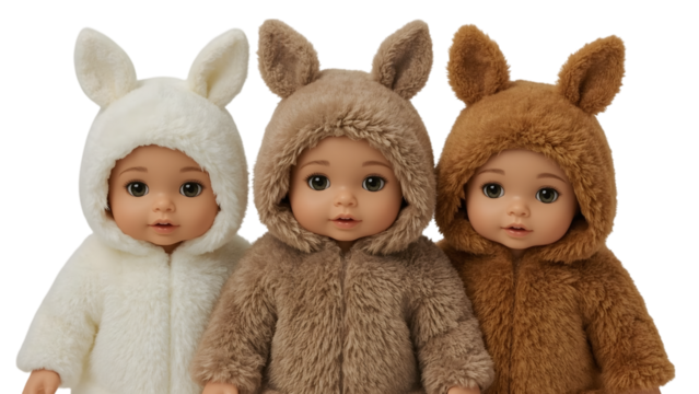 Cuteness Trio: Three adorable dolls, dressed in charming bunny-themed outfits, radiate innocence and warmth. Each doll possesses captivating features, making them irresistible.