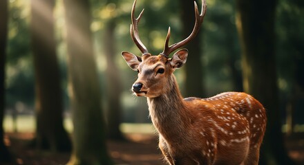 Naklejka premium Majestic deer in a forest with sunlight streaming through trees