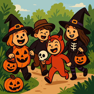 Happy Kids in Halloween Costumes Trick-or-Treating with Pumpkins and Candy Buckets

50 SEO Keywords (comma-separated)

Halloween, kids, children, trick or treat, costumes, witch, devil, skeleton, pump