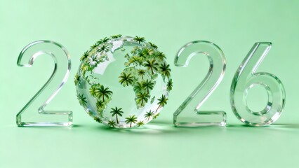 Three transparent glass letters spell 2026, filled with flourishing green plants, evoking growth and optimism against light green background, suggesting hopeful future, joyful renewal