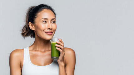 Smiling woman holding green smoothie, healthy lifestyle and nutrition concept.