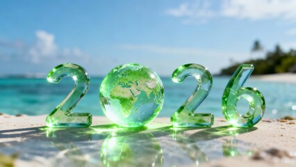 Three transparent green numbers 2026 reflect sky on sandy beach, with calm blue ocean waters in background, suggesting joyful New Year celebration, optimistic atmosphere, hopeful spirit, future