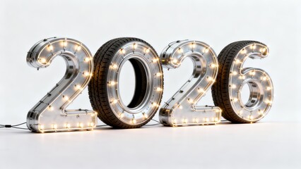 Two large metallic tires form numbers 2026, illuminated by vibrant LED lights on white backdrop, conveying modern and festive mood, New Year celebration, joyful optimism, futuristic design