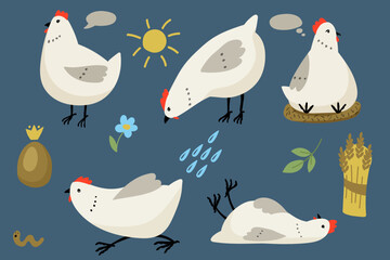 Vector set illustration chicken stickers funny characters flat style cheerful children's